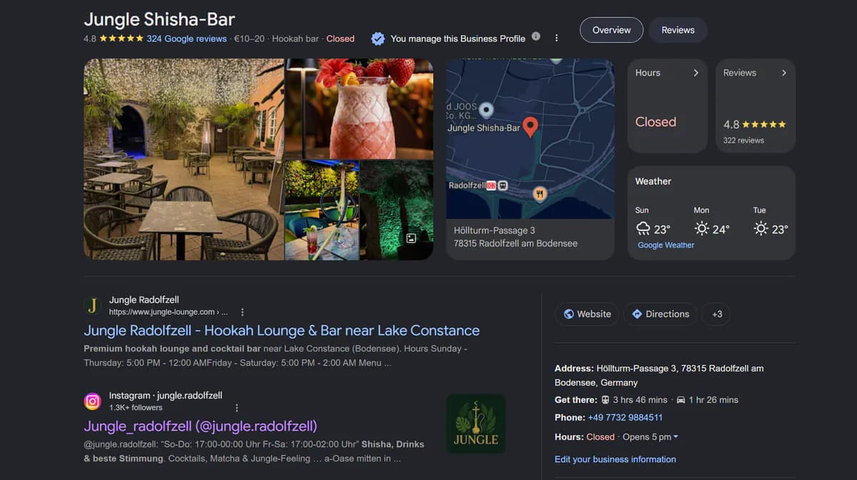 Jungle's Google Business Profile in Radolfzell with a 4.8 rating, current photos, opening hours and map view.