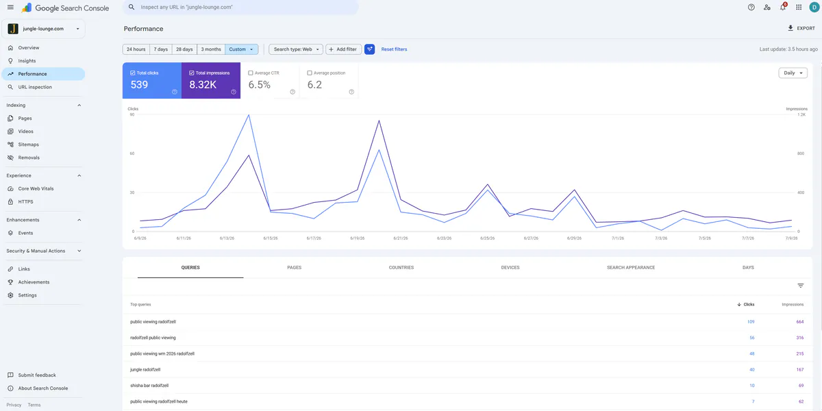 Google Search Console for jungle-lounge.com showing 539 clicks and 8.32K impressions for the selected period