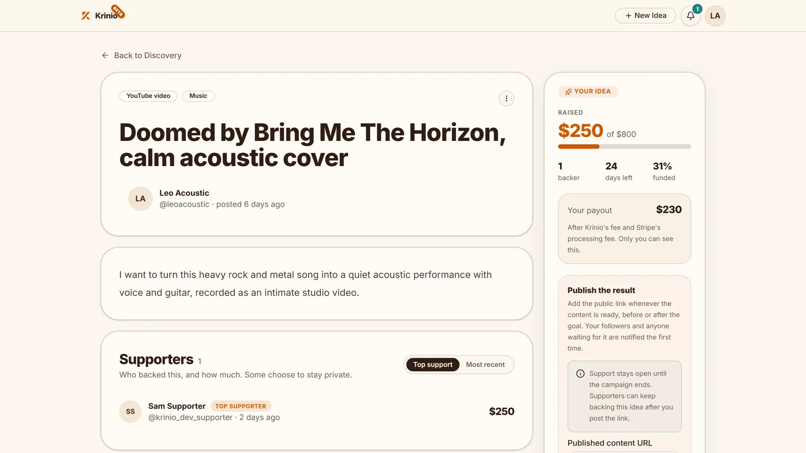 The idea page from the creator's view: Support total, supporters, their own payout after fees and the field for the finished content.