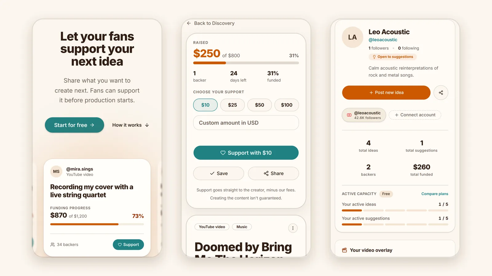 Mobile first: homepage, Support with fixed amounts and the creator profile on a phone.