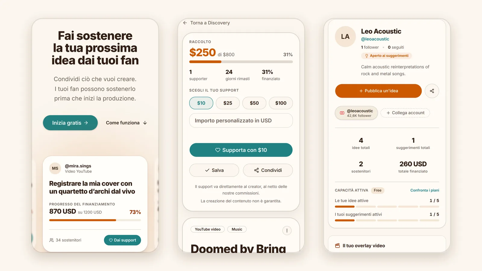 Prima il mobile: homepage, Support con importi fissi e il profilo del creator sullo smartphone.