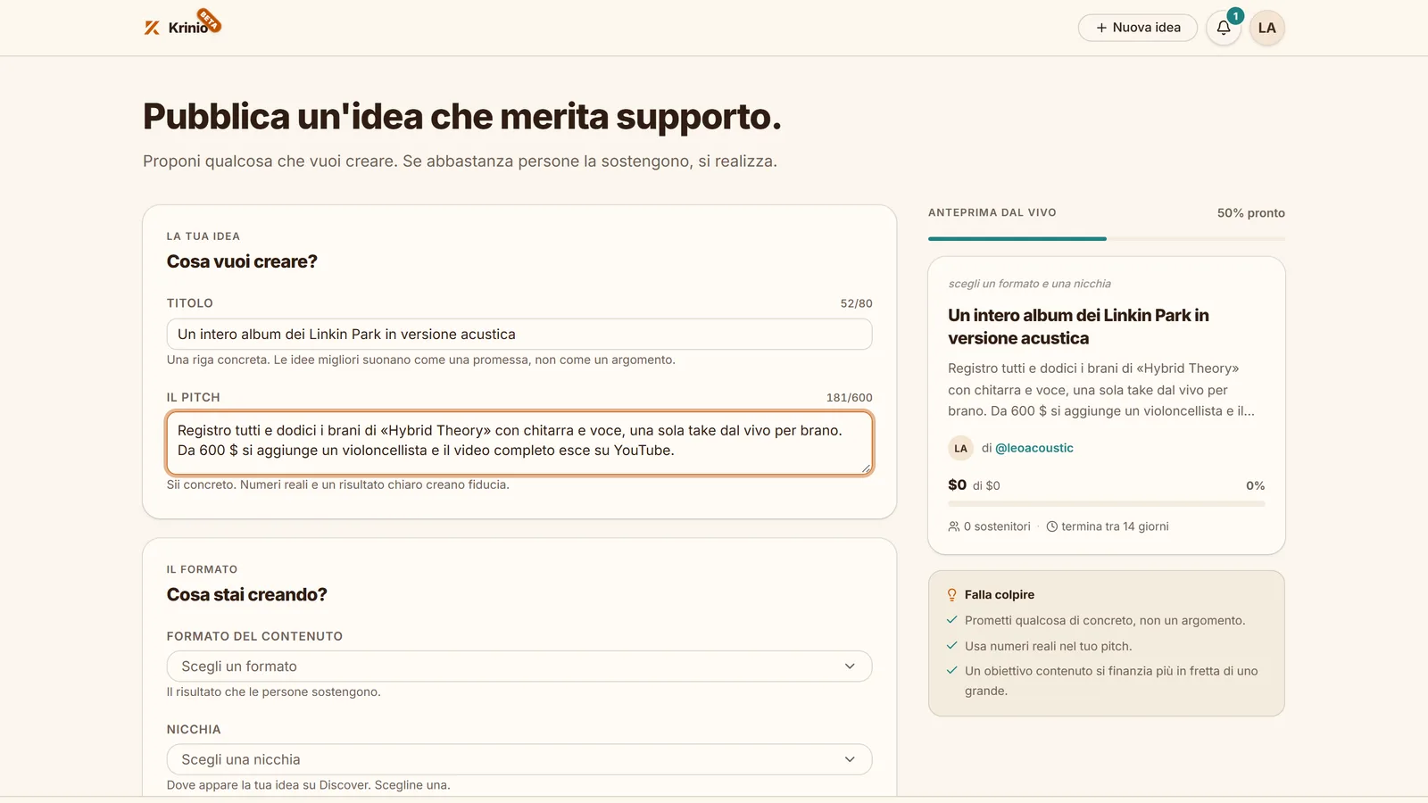 Pubblicare una nuova idea: campi a sinistra, anteprima live e suggerimenti per un pitch convincente a destra.