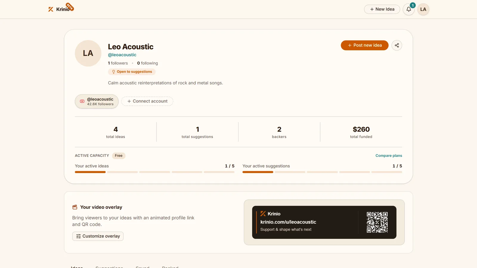 The creator profile with key figures, plan capacity and the video overlay that leads viewers to the ideas via QR code.