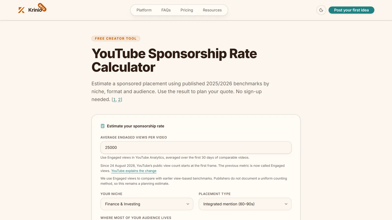 Free YouTube sponsorship rate calculator on krinio.com