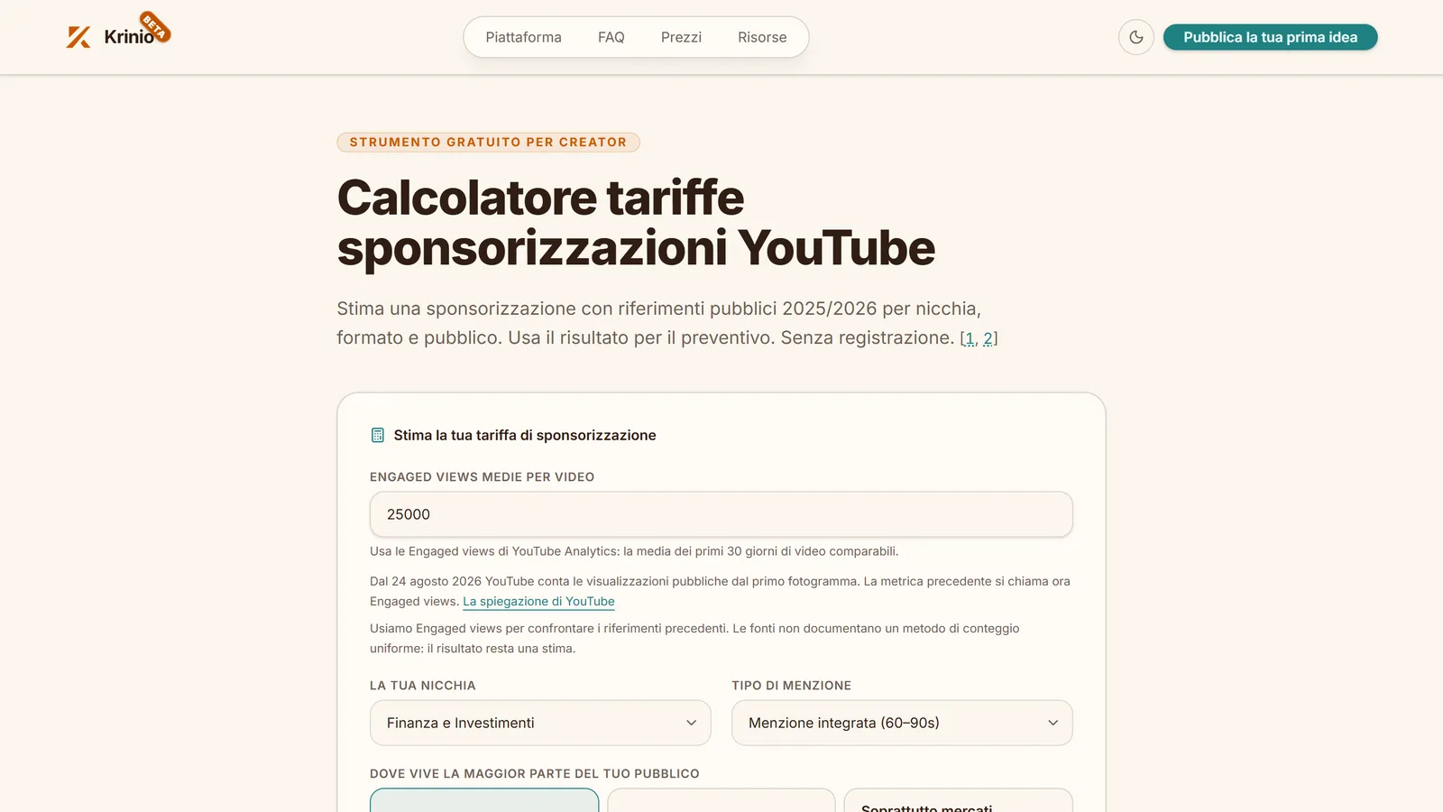 Calcolatore gratuito delle tariffe di sponsorizzazione YouTube su krinio.com