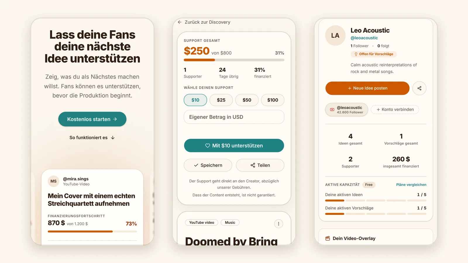 Mobil zuerst: Startseite, Support mit festen Beträgen und das Creator-Profil auf dem Smartphone.