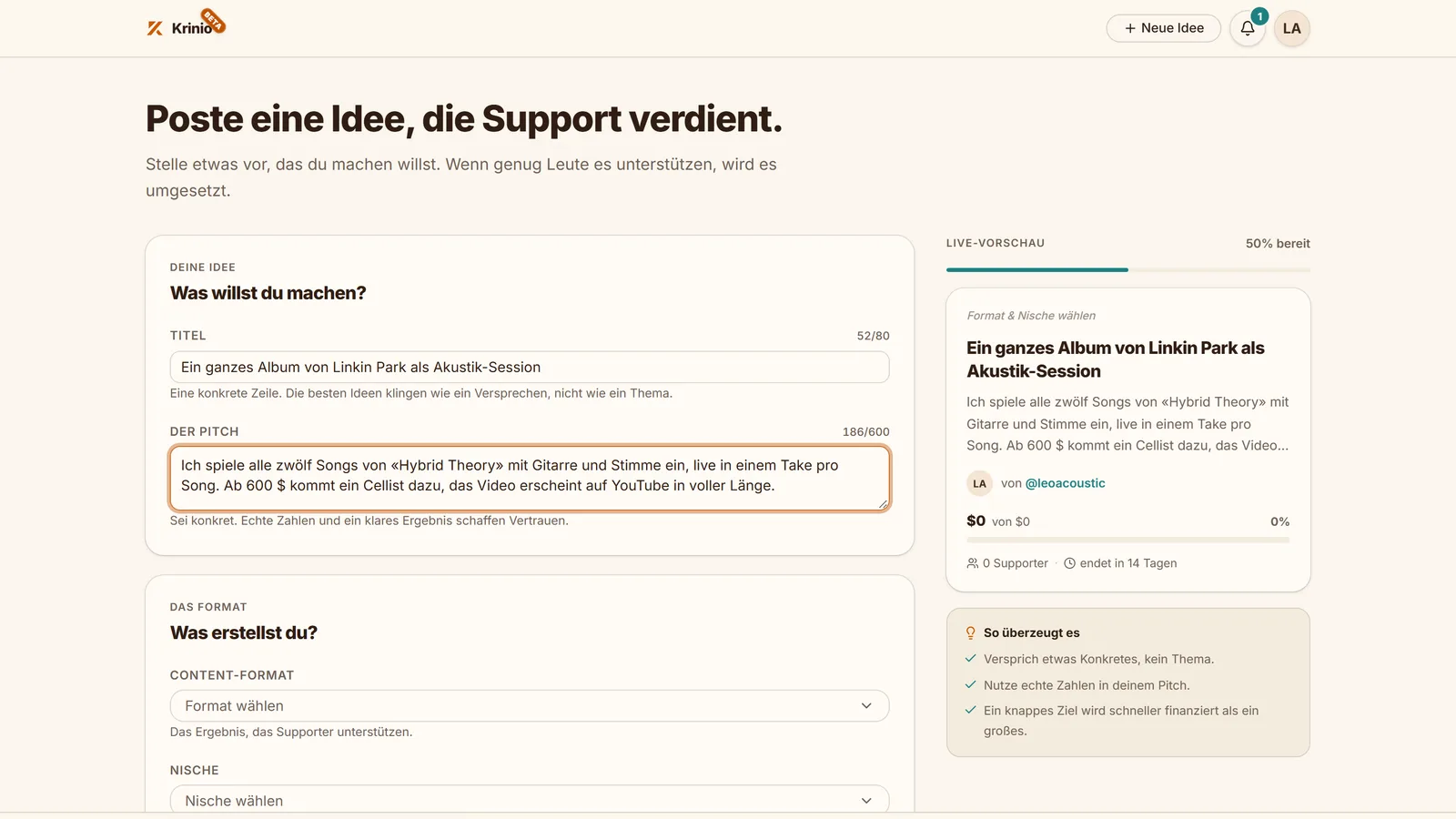Neue Idee posten: Eingaben links, Live-Vorschau und Hinweise für einen überzeugenden Pitch rechts.
