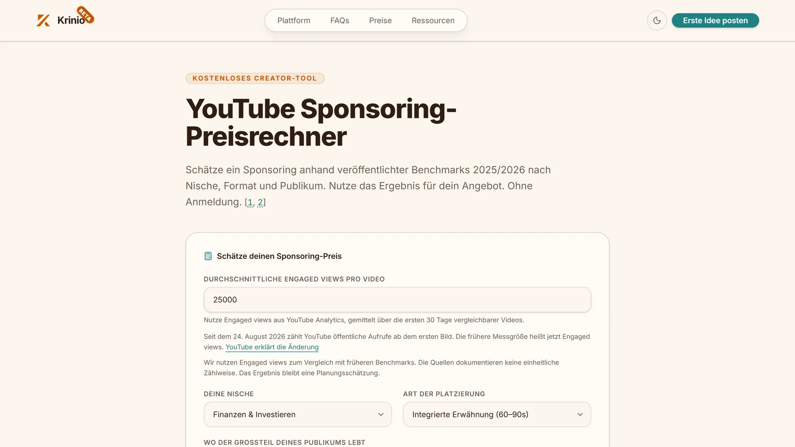 Kostenloser YouTube Sponsoring-Preisrechner auf krinio.com